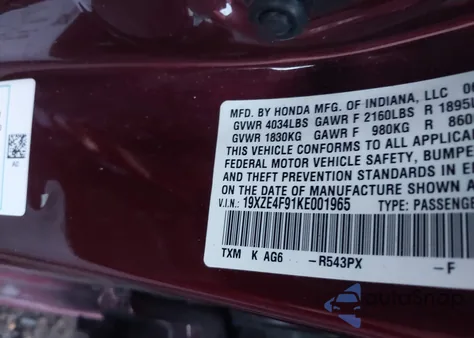2019 Honda Insight Touring from USA, damaged, VIN 19XZE4F91KE001965